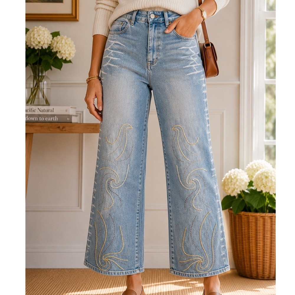 Newport News Jeanology Embroidered Swirl Light Wash Blue Denim Jeans‎ Womens 20